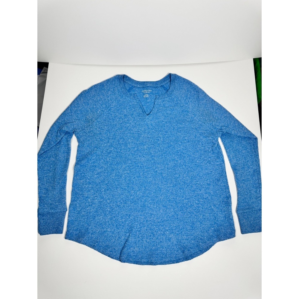 American Eagle Outfitters Top Womens L Blue Notch Neck Raglan Sleeve Waffle Knit - Picture 2 of 8